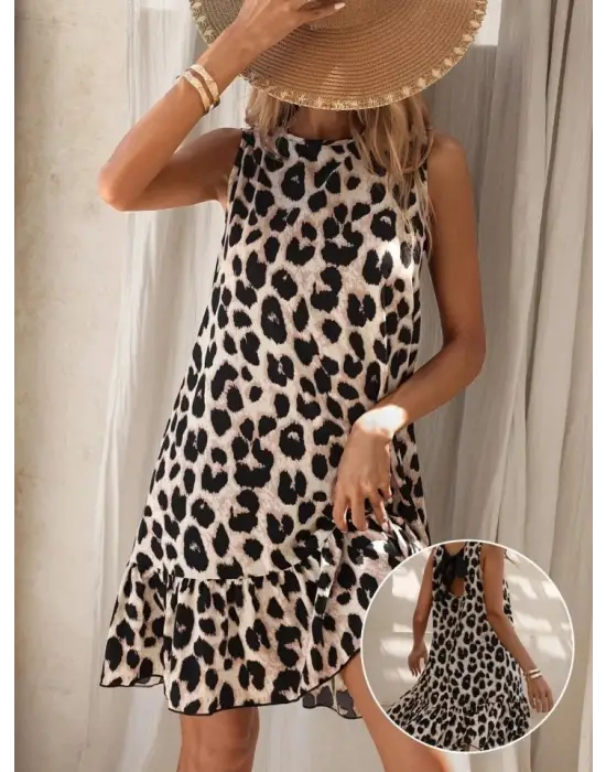 Kadın Kolsuz Sırttan Bağlamalı Fırfırlı Leopar Desenli Süprem Elbise