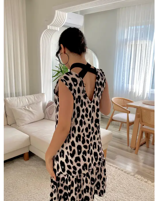 Omarı Fırfırlı Leopar Desenli Süprem Elbise