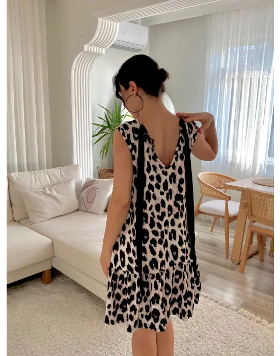 Kadın Kolsuz Sırttan Bağlamalı Fırfırlı Leopar Desenli Süprem Elbise