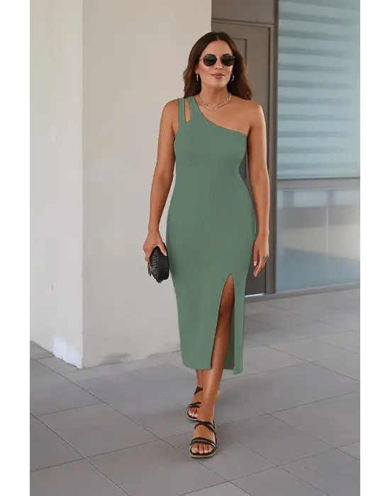 Kadın Kolsuz Tek Omuz Damla Detay Ottoman Kumaş Elbise