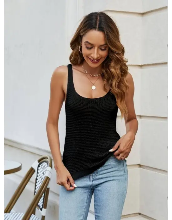 Kadın Kolsuz U Yaka Askılı Triko Bluz