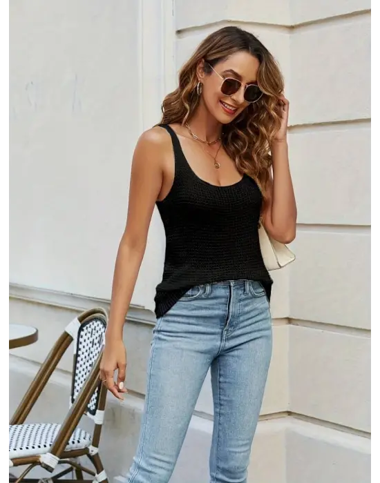 Kadın Kolsuz U Yaka Askılı Triko Bluz