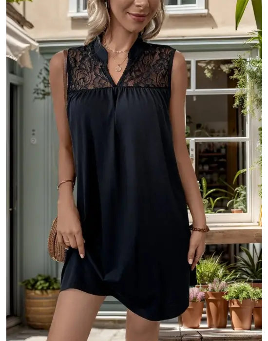 Kadın Kolsuz V Hakim Yaka Dantelli Janjan Krep Elbise