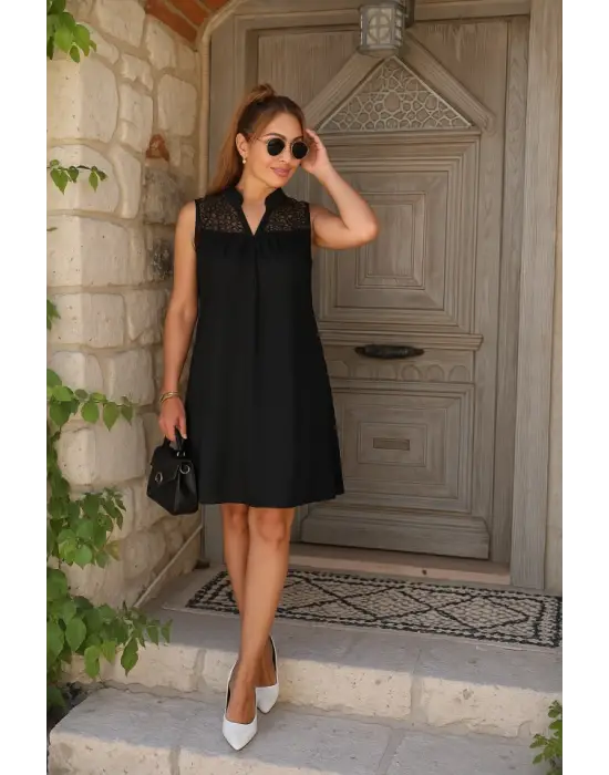 Kadın Kolsuz V Hakim Yaka Dantelli Janjan Krep Elbise