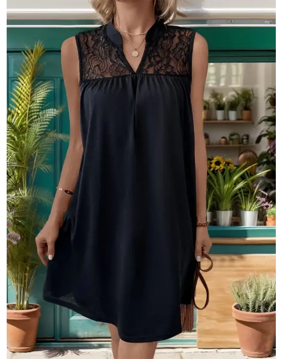 Omarı Dantelli V Yakalı Mini Elbise