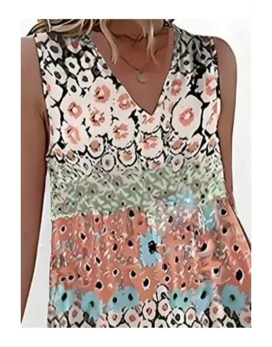Kadın Kolsuz V Yaka çiçek Desenli Süprem Elbise