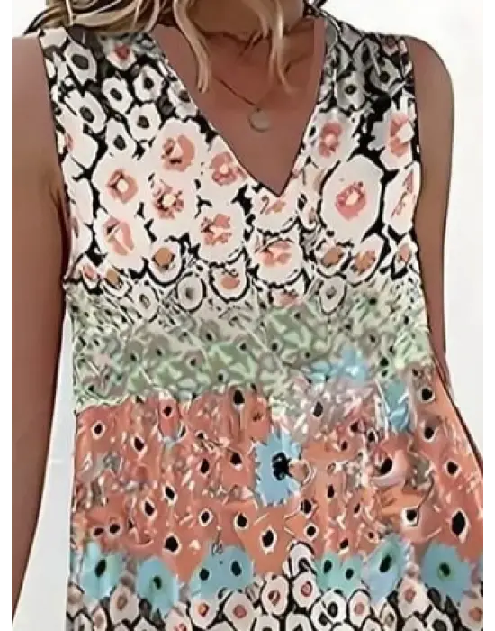 Kadın Kolsuz V Yaka çiçek Desenli Süprem Elbise