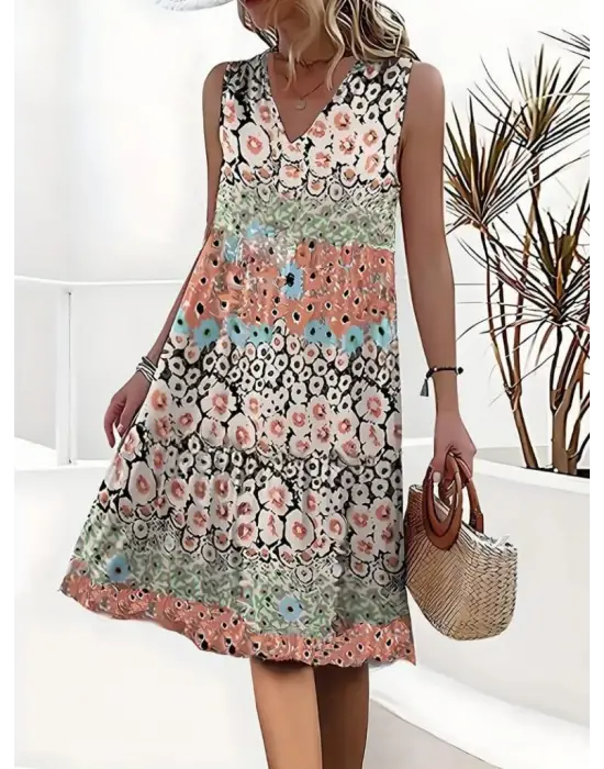 Kadın Kolsuz V Yaka çiçek Desenli Süprem Elbise