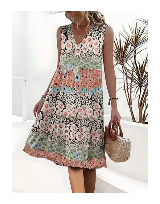 Kadın Kolsuz V Yaka çiçek Desenli Süprem Elbise