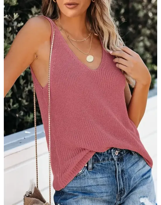 Kadın Kolsuz V Yaka Kalın Askılı Triko Bluz