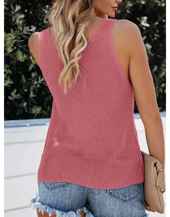 Kadın Kolsuz V Yaka Kalın Askılı Triko Bluz