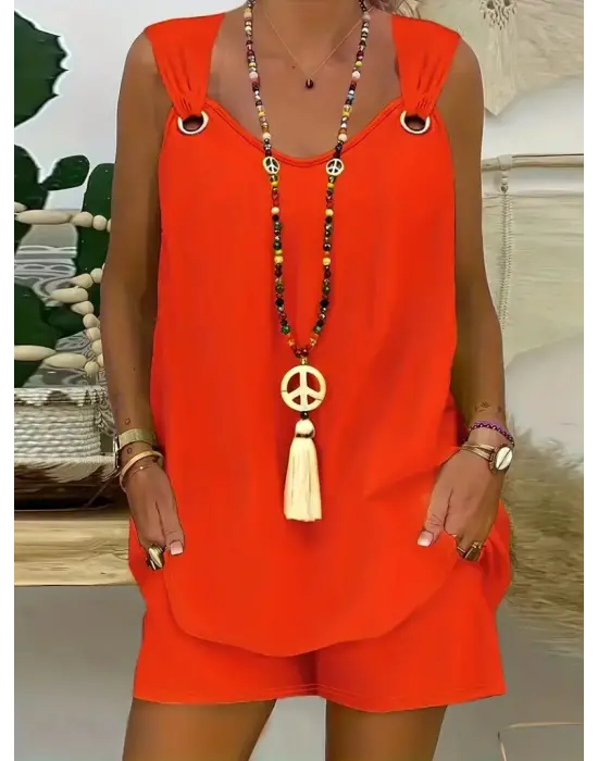 Kadın Kolsuz V Yaka Kuş Gözü Detay Bluz Short Aerobin Ikili Takım