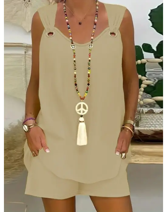 Kadın Kolsuz V Yaka Kuş Gözü Detay Bluz Short Aerobin Ikili Takım