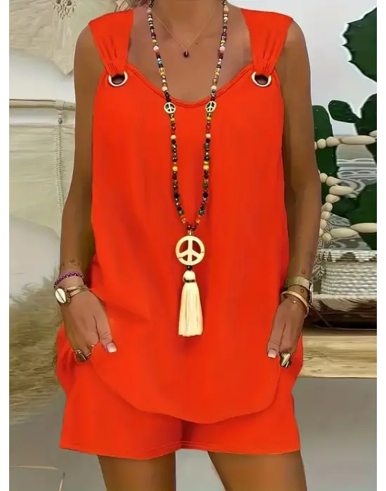 Kadın Kolsuz V Yaka Kuş Gözü Detay Bluz Short Aerobin Ikili Takım