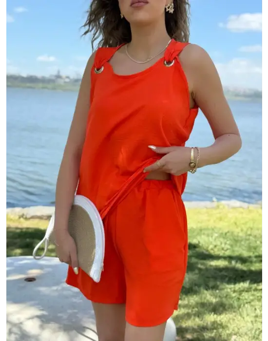 Kadın Kolsuz V Yaka Kuş Gözü Detay Bluz Short Aerobin Ikili Takım