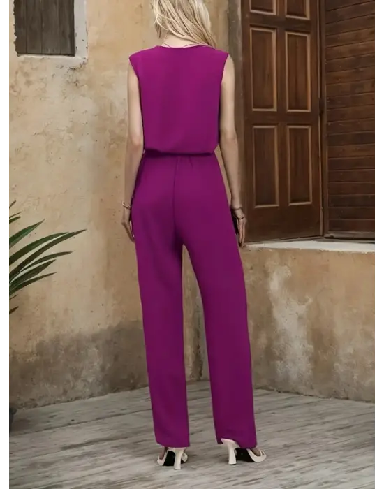 Kadın Kolsuz V Yakalı Aerobin Bluz Ve Belden Kuşaklı Pantolon Ikili Takım