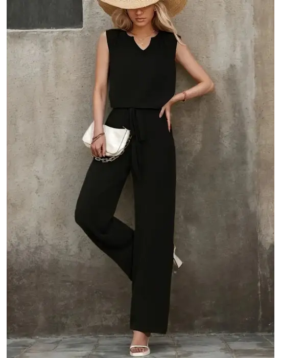 Kadın Kolsuz V Yakalı Aerobin Bluz Ve Belden Kuşaklı Pantolon Ikili Takım