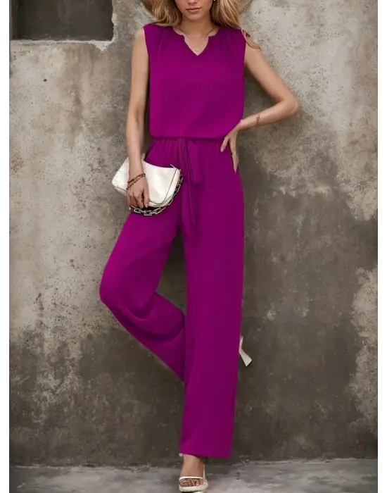 Kadın Kolsuz V Yakalı Aerobin Bluz Ve Belden Kuşaklı Pantolon Ikili Takım