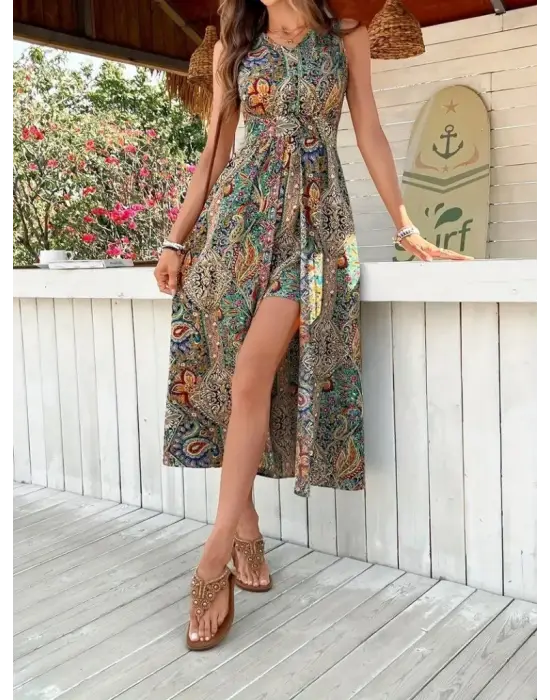 Kadın Kolsuz V Yakalı Desenli Süprem Tulum Elbise