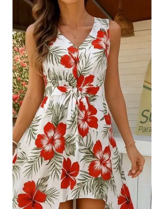 Omarı Şık Desenli Kolsuz Tulum Elbise