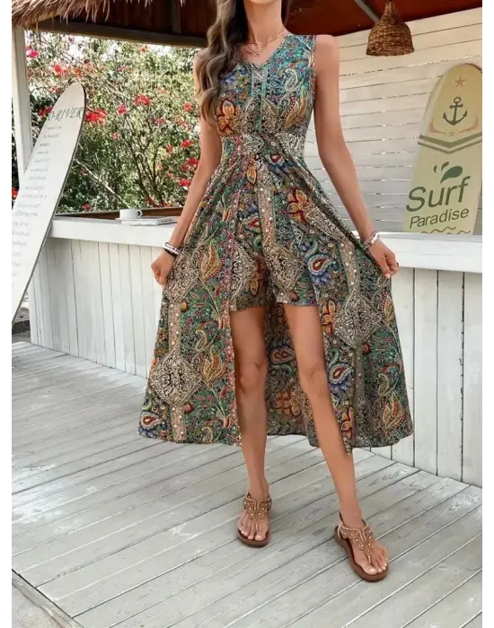 Kadın Kolsuz V Yakalı Desenli Süprem Tulum Elbise