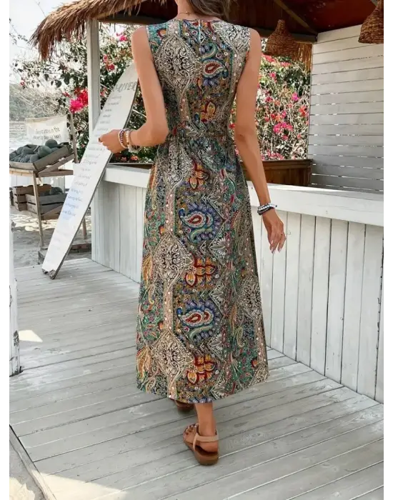 Kadın Kolsuz V Yakalı Desenli Süprem Tulum Elbise