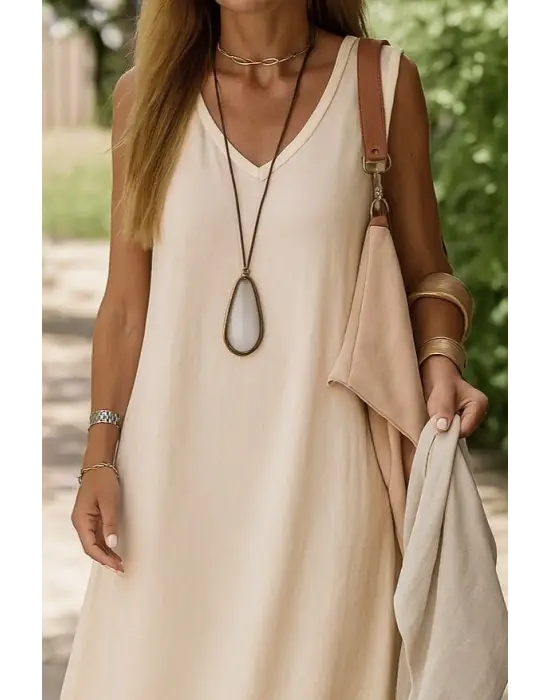 Kadın Kolsuz V Yakalı Maksi Boy Ithal Keten Elbise