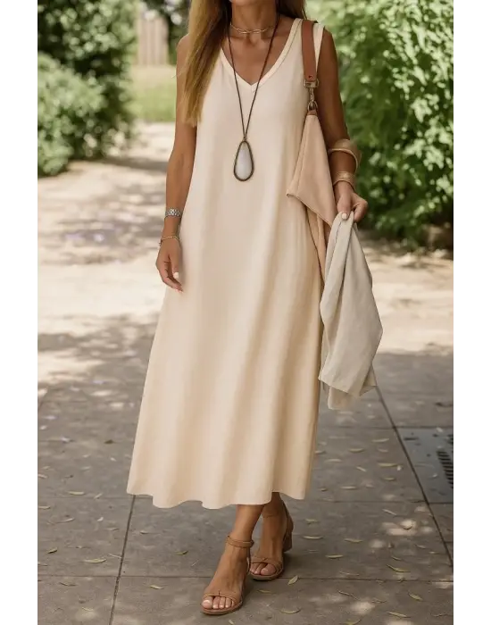 Kadın Kolsuz V Yakalı Maksi Boy Ithal Keten Elbise