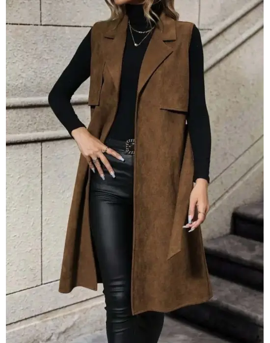 Kadın Kolsuz Yakalı önü Açık Belden Kuşaklı Süet Midi Yelek