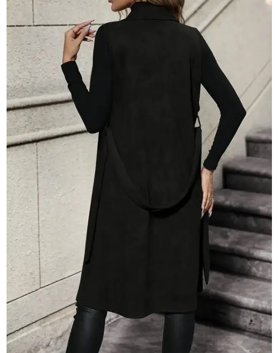 Kadın Kolsuz Yakalı önü Açık Belden Kuşaklı Süet Midi Yelek