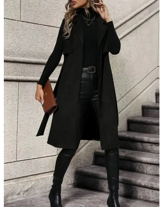 Kadın Kolsuz Yakalı önü Açık Belden Kuşaklı Süet Midi Yelek