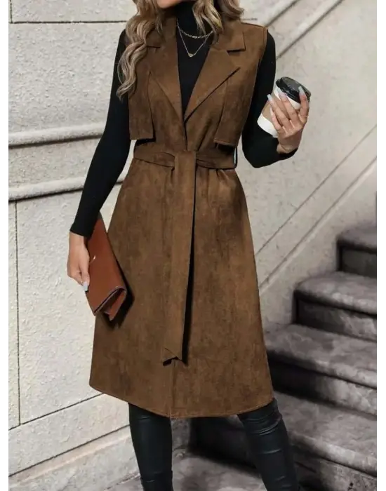 Kadın Kolsuz Yakalı önü Açık Belden Kuşaklı Süet Midi Yelek