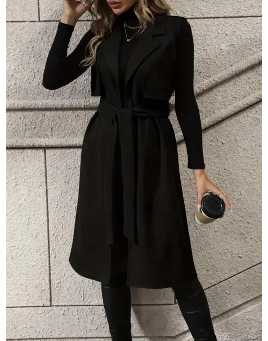 Kadın Kolsuz Yakalı önü Açık Belden Kuşaklı Süet Midi Yelek