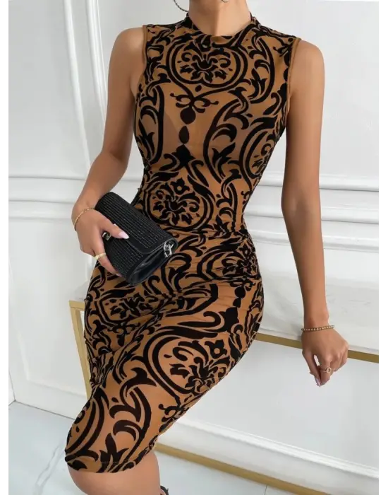 Omarı Trend Desenli Kadın Kolsuz Elbise