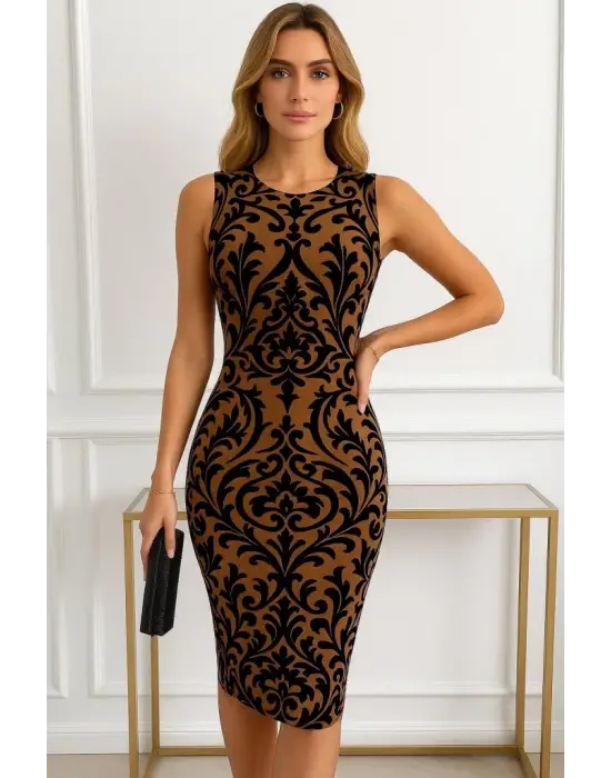 Omarı Trend Desenli Kadın Kolsuz Elbise