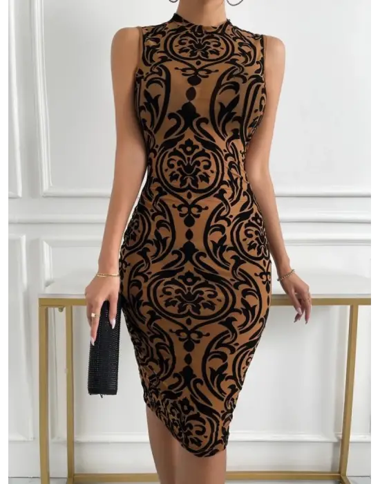 Omarı Trend Desenli Kadın Kolsuz Elbise