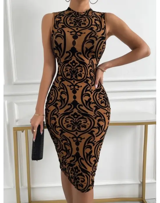 Omarı Trend Desenli Kadın Kolsuz Elbise