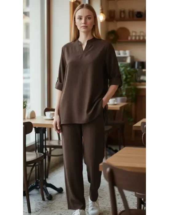 Kadın Kolu Katlanır Düğme Detay Hakim Yaka Bluz  Ve Pantolon Sofia Keten Kumaş Ikili Takim