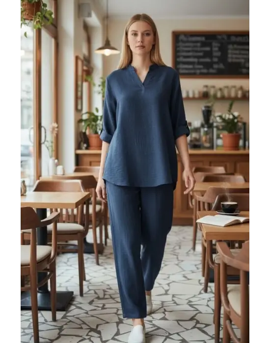 Kadın Kolu Katlanır Düğme Detay Hakim Yaka Bluz  Ve Pantolon Sofia Keten Kumaş Ikili Takim