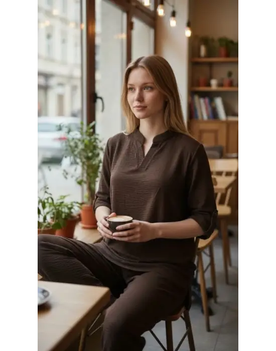 Kadın Kolu Katlanır Düğme Detay Hakim Yaka Bluz  Ve Pantolon Sofia Keten Kumaş Ikili Takim