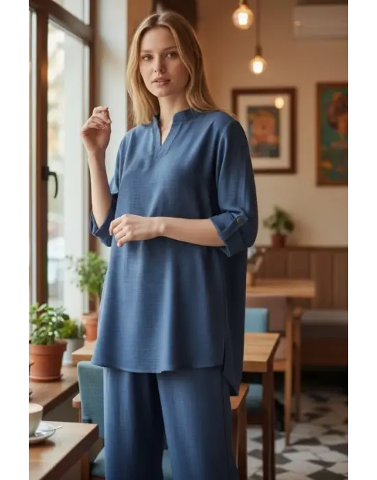 Kadın Kolu Katlanır Düğme Detay Hakim Yaka Bluz  Ve Pantolon Sofia Keten Kumaş Ikili Takim