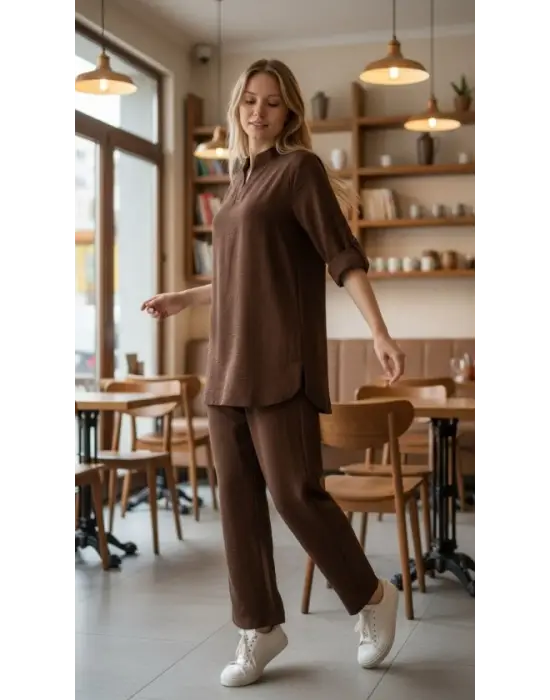 Kadın Kolu Katlanır Düğme Detay Hakim Yaka Bluz  Ve Pantolon Sofia Keten Kumaş Ikili Takim