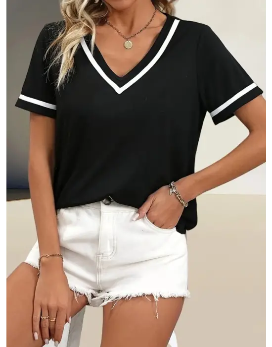 Kadın Kosa Kollu Ribanalı V Yaka Ve Kol Detaylı Viskon Bluz