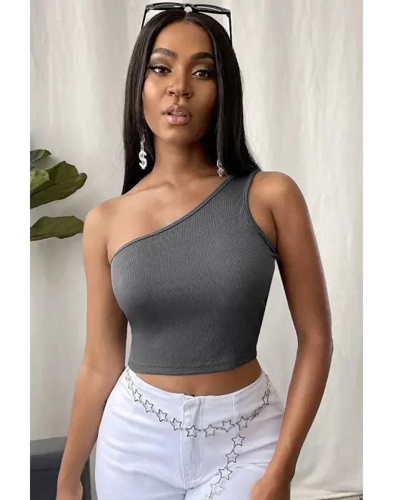 Omarı Tek Omuz Crop Büstiyer - Şık ve Şımarık Gri