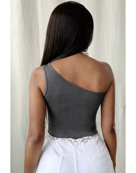 Omarı Tek Omuz Crop Büstiyer - Şık ve Şımarık Gri