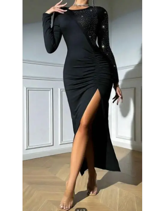 Kadın Krep Dalgıç Kumaş Taş Aksesuarlı Yırtmaç Detaylı Uzun Kollu Elbise