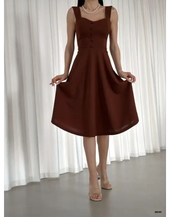 Omarı Kalp Yaka Düğme Detay Midi Boy Elbise