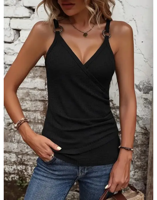 Kadın Kruvaze Yaka Askı Halka Aksesuar Detay Waffle Bluz