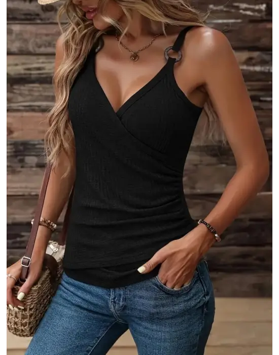 Kadın Kruvaze Yaka Askı Halka Aksesuar Detay Waffle Bluz