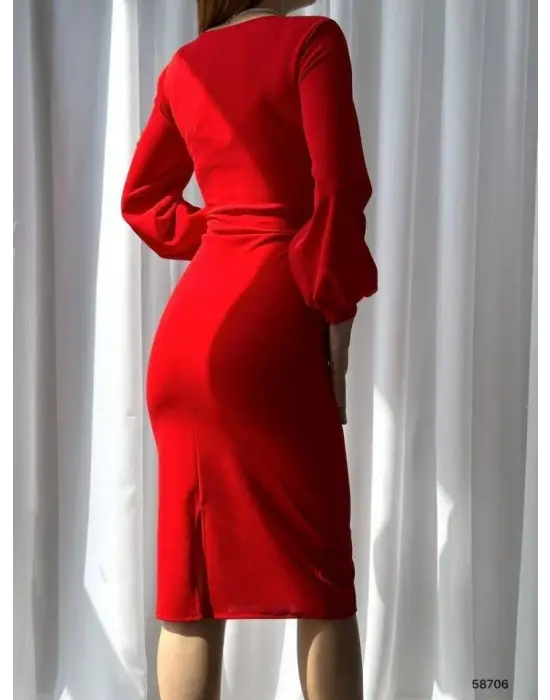 Kadın Kruvaze Yaka Balon Kol Midi Boy Elbise